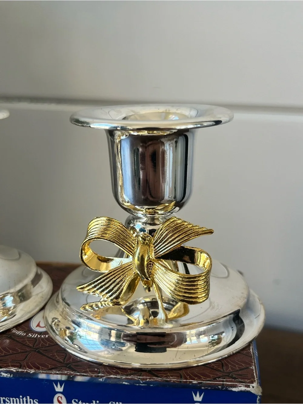 vintage Studio Silversmiths silver-plated candle holders, gilded gold bow accent